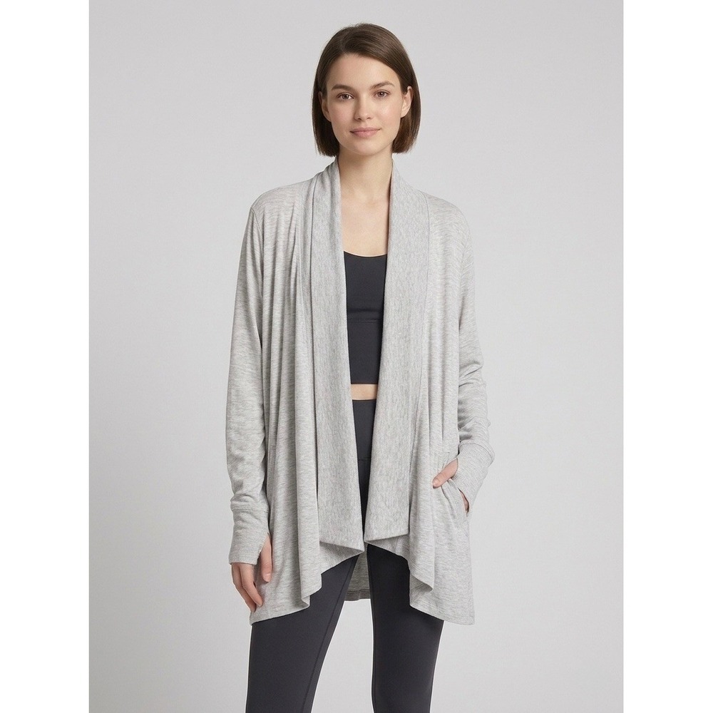 Athleta Pranayama Wrap Cardigan Light Grey Heather Modal Open Front Pockets M